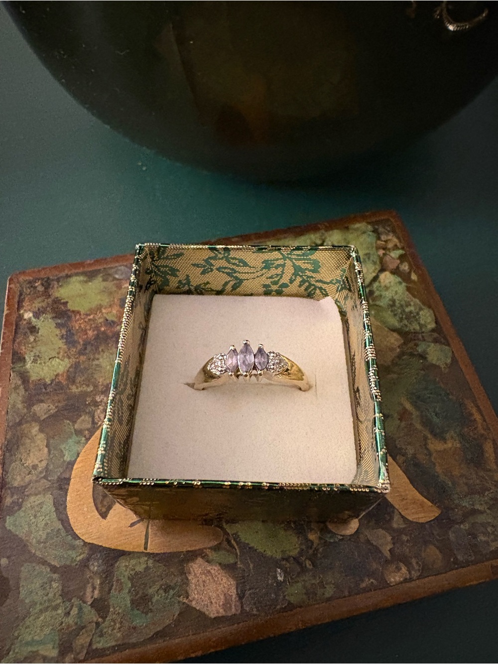10k Yellow Gold Band Ring with Purple Marquise Gemstones and Diamonds - Picture 2 of 4